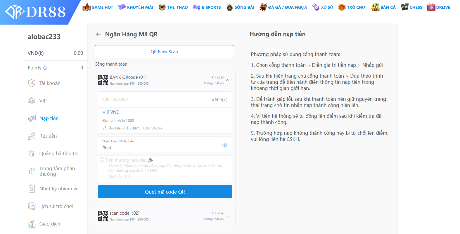 Hướng dẫn chi tiết cách nạp tiền DR88 cho người mới